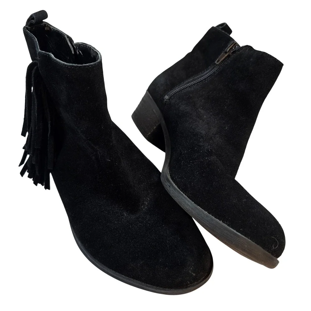 Womens Suede Fringe Ankle Boots Black‎ Western Boho Chic Classic Festival Sz 6.5